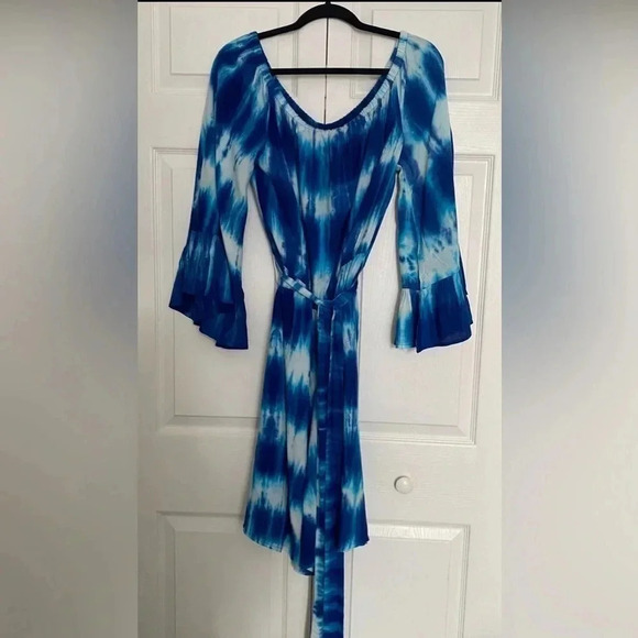Feathers Women’s Blue Tie Dye Off Shoulder Tie Beachy Midi Dress Bell Sleeves 2X - Picture 5 of 9